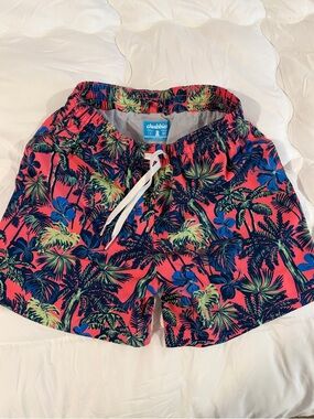 chubbies Coral Swim Trunks with Blue & Green Tropical Print